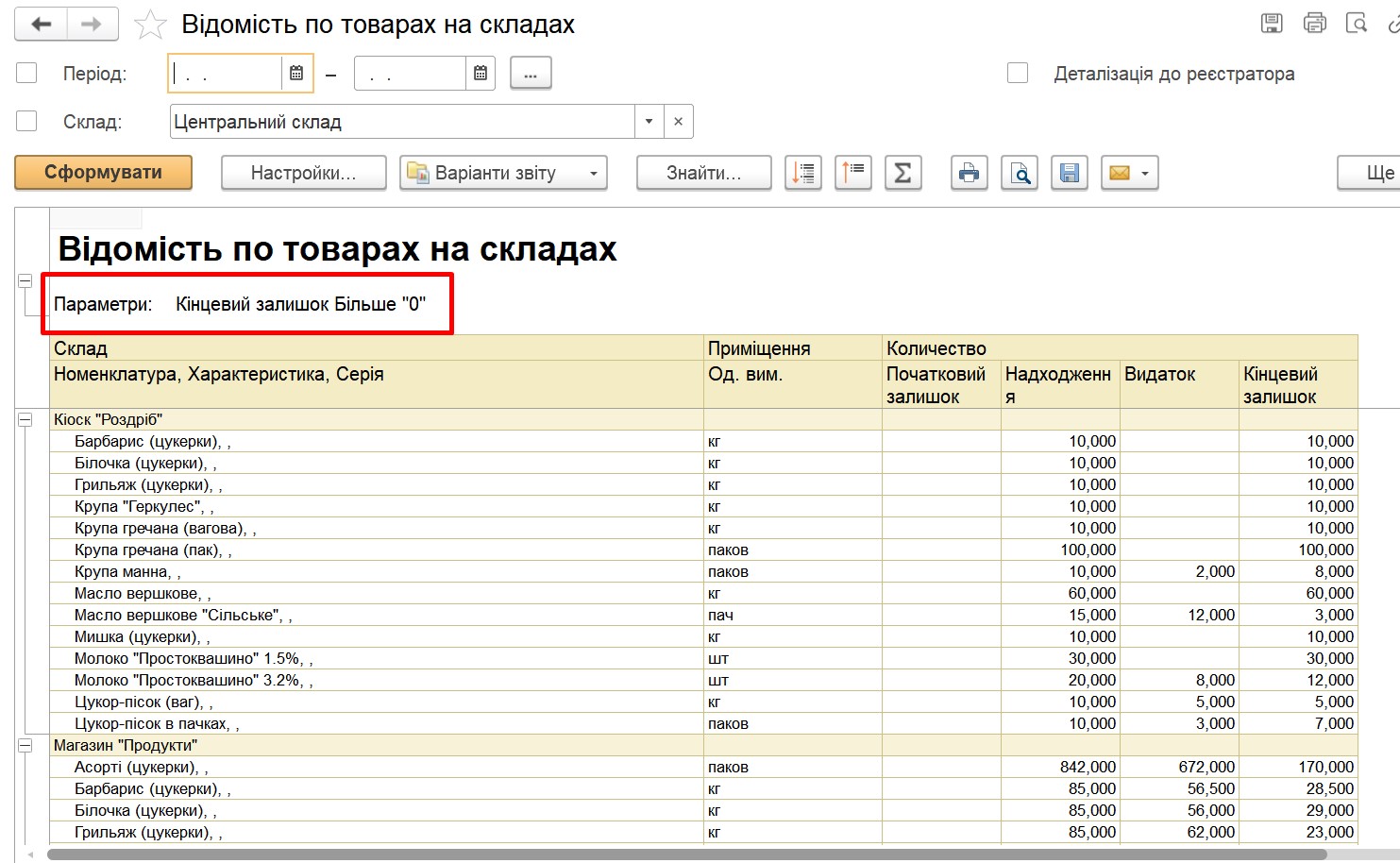 Как настроить ведомость по товарам на складах в 1с