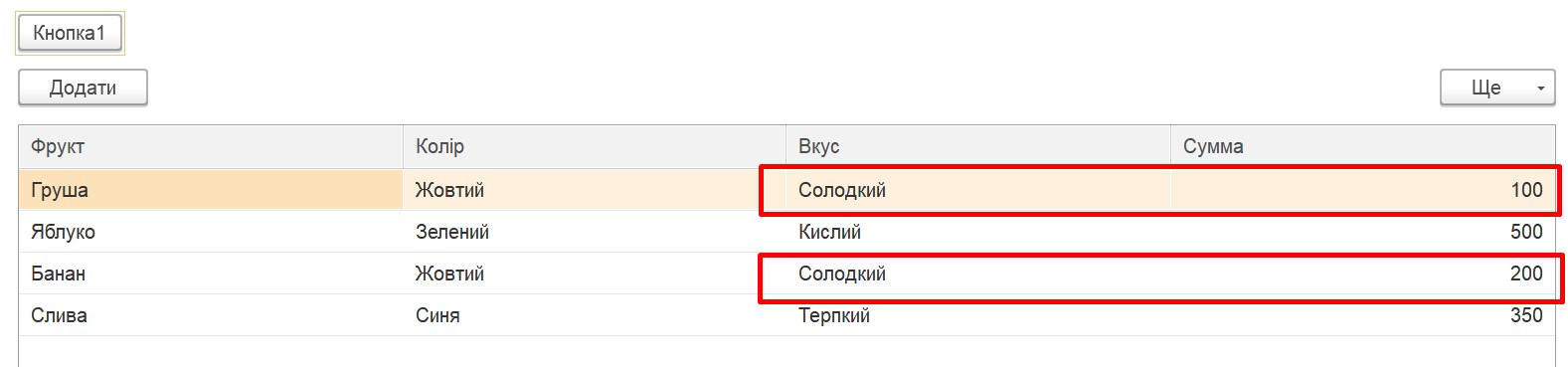 Таблица значений до сворачивания