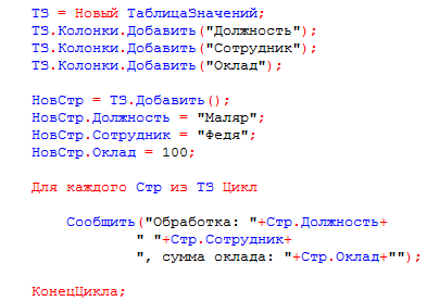 Листинг кода 4. Пример Цикла с условием перебора ТЗ